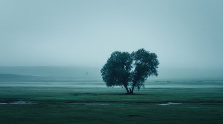 A solitary tree stands in a misty landscape, enveloped by soft blue tones. This serene environment evokes tranquility and reflection, perfect for peaceful moments.の素材