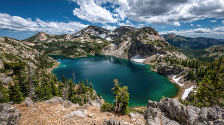 Explore the stunning view of a tranquil mountain lake embraced by towering peaks and lush forests, capturing nature's beauty under a bright sky filled with clouds.の素材
