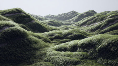 This serene image captures the beauty of rolling hills covered in lush green grass. The soft light highlights the natural landscape, perfect for eco-themed projects.の素材