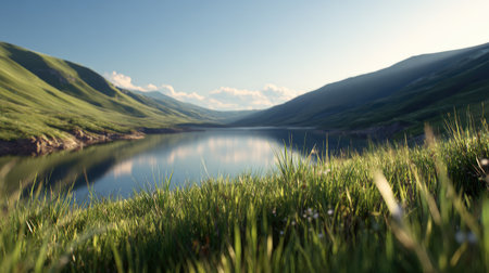 A stunning landscape featuring lush green hills and a calm lake that beautifully reflects the blue sky, creating a serene atmosphere perfect for relaxation in nature.の素材