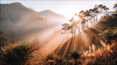 A stunning sunrise illuminates a misty mountain landscape, casting ethereal rays through pine trees and creating a tranquil atmosphere in a lush valley.の素材
