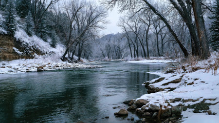 A serene winter scene featuring a snow-covered river, bare trees lining the banks, and a peaceful atmosphere in a pristine wilderness landscape.の素材