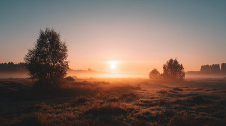 A tranquil sunrise casts warm light over a misty field, creating a serene atmosphere with silhouetted trees and soft colors, perfect for nature lovers and peaceful escapes.の素材