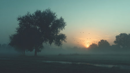 A captivating scene featuring a misty landscape at dawn, showcasing silhouetted trees, a sunrise, and birds in flight, evoking a sense of peace and tranquility.の素材