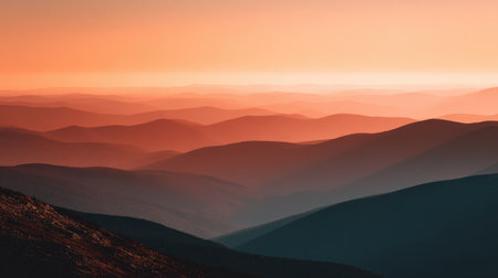 A breathtaking view of rolling mountains under a colorful sunrise, showcasing lovely gradients of orange and blue in the sky, creating a tranquil, scenic escape.の素材