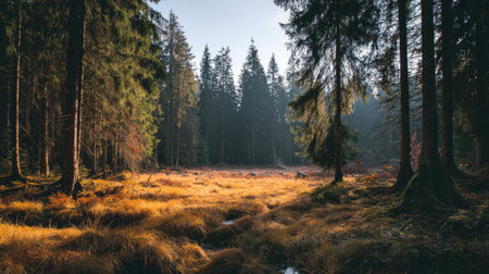 Experience the serene beauty of a tranquil forest landscape bathed in autumn light, featuring tall evergreen trees and vibrant golden grass in a peaceful natural setting.の素材