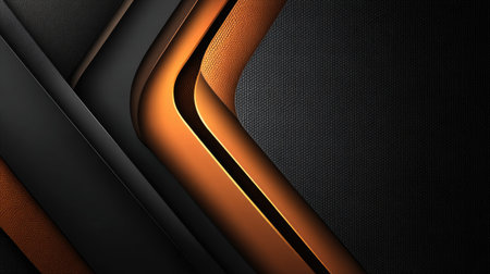 A striking abstract image featuring smooth curved lines and geometric shapes in vibrant orange against a dark textured background, perfect for modern design projects.の素材