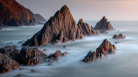 Explore a stunning coastal landscape featuring sharp rocky peaks emerging from smooth, gentle waves at dusk, showcasing nature's tranquility and beauty.の素材