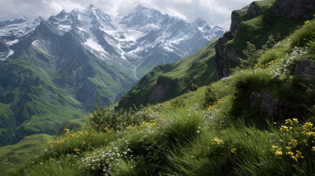 Discover a stunning mountain landscape with flourishing hills, colorful wildflowers, and majestic peaks set against a captivating sky, perfect for nature lovers.の素材