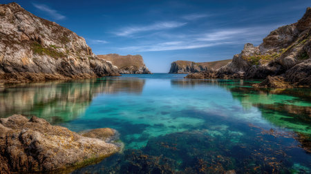 This captivating coastal view features crystal-clear waters reflecting a bright sky, surrounded by rugged cliffs and vibrant greenery, evoking a serene natural setting.の素材