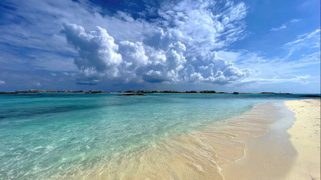 Discover the serene beauty of a tropical beach, where gentle waves meet soft sand under a bright sky filled with fluffy clouds, creating a perfect getaway scene.の素材