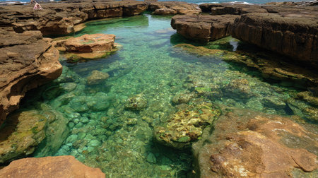 This stunning image features a serene natural rock pool surrounded by clear waters and unique rock formations, ideal for showcasing coastal beauty and tranquility.の素材
