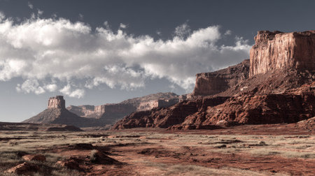 Discover the stunning beauty of red rock formations set against a dramatic cloudy sky in this serene desert landscape, perfect for nature lovers and adventure seekers.の素材