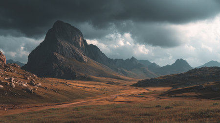Explore a stunning mountain landscape featuring a prominent peak beneath dramatic clouds, surrounded by rolling hills and vibrant grasslands in a serene wilderness setting.の素材