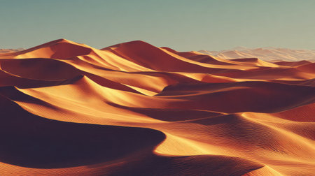 Experience the tranquil beauty of a desert landscape showcasing gently rolling sand dunes illuminated by a warm golden light, set against a serene blue sky.の素材