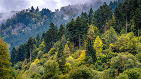 This captivating image showcases a vibrant green forest brimming with tall trees, framed by misty mountain peaks, creating a tranquil outdoor landscape for nature lovers.の素材