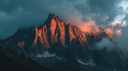 This stunning image captures majestic mountain peaks bathed in a warm sunset glow, surrounded by dramatic clouds, showcasing the breathtaking beauty of nature's landscape.の素材
