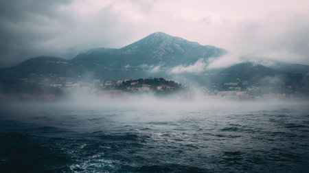 A captivating view of a coastal landscape shrouded in fog, showcasing a distant town under a dramatic, cloudy sky. The mysterious atmosphere invites exploration.の素材