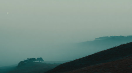 A serene misty landscape captured at dusk, featuring rolling hills, silhouetted trees, and a soft moon in the sky, evoking tranquility and beauty in nature.の素材
