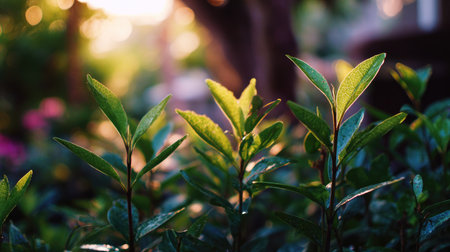 A captivating scene showcasing green plant leaves basking in warm natural light at sunset, creating a peaceful atmosphere in a serene garden setting.の素材