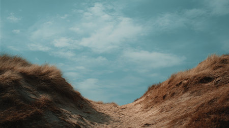 Explore a serene pathway carved through natural dunes, showcasing gentle grass and a stunning cloudy sky, ideal for outdoor adventures and tranquility.の素材