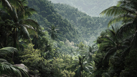 Discover the breathtaking beauty of a tropical forest featuring dense greenery and palm trees nestled within a serene mountain valley, creating a peaceful escape.の素材