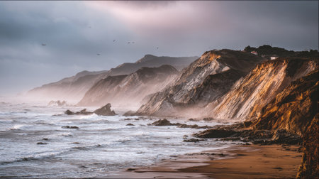 Coastal cliffs rise majestically above serene waves, creating a stunning seascape. The sky features dramatic clouds as sunlight mixes with mist over the ocean.の素材