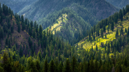 Experience a stunning natural scene showcasing vibrant green hills and dense forests illuminated by sunlight, creating a peaceful atmosphere in the wilderness.の素材