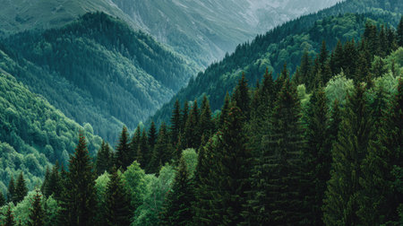 Experience the breathtaking beauty of a lush mountainscape featuring dense forests and rolling hills under a dramatic sky, perfect for nature lovers and adventurers.の素材