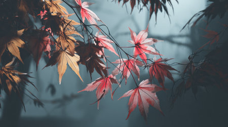 Explore the beauty of autumn with vibrant red and yellow leaves against a mystical misty forest backdrop, illustrating the serene and colorful essence of nature.の素材