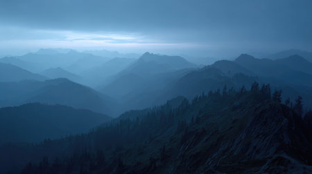 A serene mountain landscape captures the tranquility of nature at dawn, featuring misty peaks and an overcast sky, evoking feelings of peace and solitude.の素材