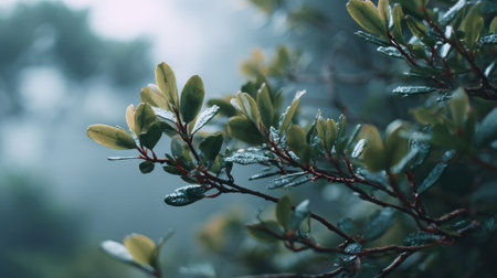 This close-up image features dew-covered leaves amidst a foggy atmosphere, creating a serene and tranquil setting ideal for nature-themed projects.の素材