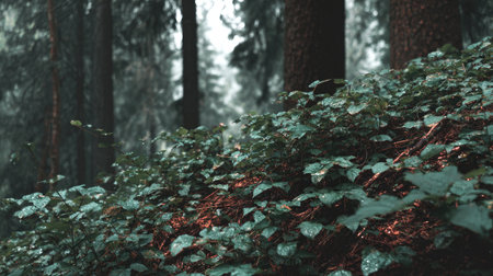 Experience a serene forest scene featuring lush greenery and misty tall trees. The vibrant leaves glisten with dewdrops, creating a tranquil natural setting ideal for outdoor photography.の素材