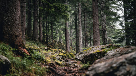 Explore a beautiful forest scene featuring tall trees, mossy rocks, and a winding path. This image captures the essence of tranquility in nature, ideal for outdoor themes.の素材