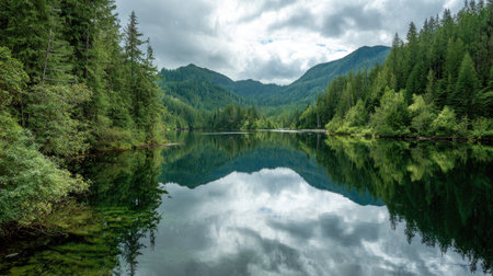 Experience the tranquility of nature with this stunning view of lush green mountains and a peaceful lake reflecting a cloudy sky, perfect for outdoor enthusiasts.の素材