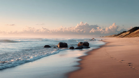 A calming beach scene at dawn captures soft waves gently lapping the sandy shore, framed by serene rocks and illuminated clouds in a tranquil coastal atmosphere.の素材