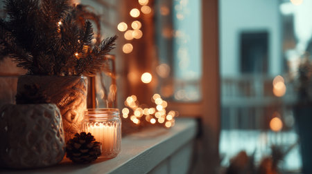 A serene winter scene featuring a softly glowing candle beside pinecones, adorned with warm holiday lights, creating a cozy and inviting atmosphere for the season.の素材