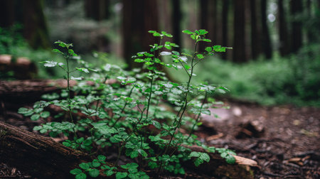 A vibrant scene showcasing lush greenery in a dense forest, with sunlight filtering through tall trees, highlighting the beauty of nature and tranquility.の素材