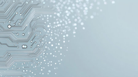 An abstract background featuring intricate circuit board patterns blended with soft light particles, representing technology, innovation, and modern design.の素材