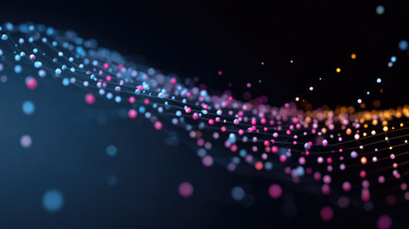 An abstract image featuring a colorful wave of glowing particles, creating a vibrant and dynamic visual experience against a dark backdrop. Perfect for technology themes.の素材
