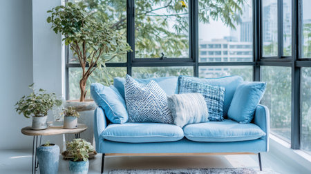 Bright and inviting living room featuring a soft blue sofa adorned with decorative pillows, complemented by potted plants and large windows for natural light.の素材