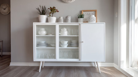 A stylish modern cabinet featuring glass doors, showcasing elegant tableware and beautiful decorative plants, perfect for enhancing a contemporary living space.の素材