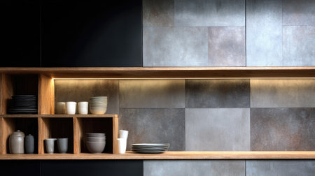 An elegant modern kitchen showcasing open shelving filled with tasteful dishware, highlighting contemporary wall designs and warm ambient lighting for a stylish atmosphere.の素材