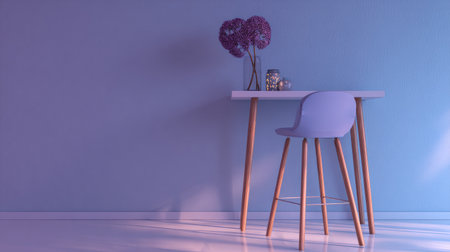 A serene interior featuring a small wooden table with purple flowers and a stylish stool against a soft pastel wall, perfect for a calming and beautiful atmosphere.の素材