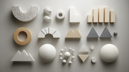 A visually striking arrangement of abstract geometric shapes in neutral tones, showcasing creativity and modern design aesthetics ideal for diverse artistic projects.の素材
