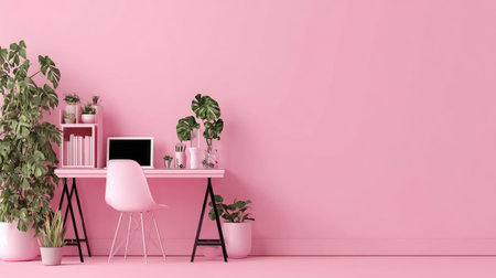 A beautifully styled home office featuring a pink wall, modern desk, computer, and various plants, creating an inviting and creative workspace environment.の素材