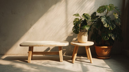 A serene minimalist interior featuring two wooden tables bathed in sunlight, complemented by lush green plants, creating a tranquil and inviting atmosphere perfect for relaxation.の素材