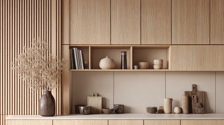 Discover a serene kitchen interior featuring wooden cabinets, decorative objects, and natural textures that create a harmonious and stylish living space for inspiration.の素材