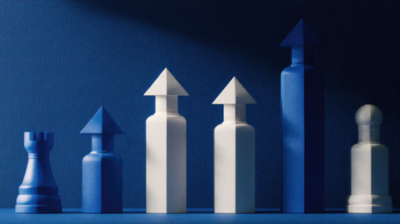 A visually striking abstract artwork featuring geometric shapes in blue and white, with arrows symbolizing growth. Ideal for creative and business themes.の素材