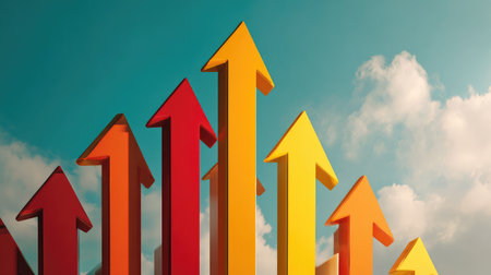 Vibrant illustration featuring colorful arrows ascending against a bright sky, symbolizing growth and success in business and personal endeavors.の素材